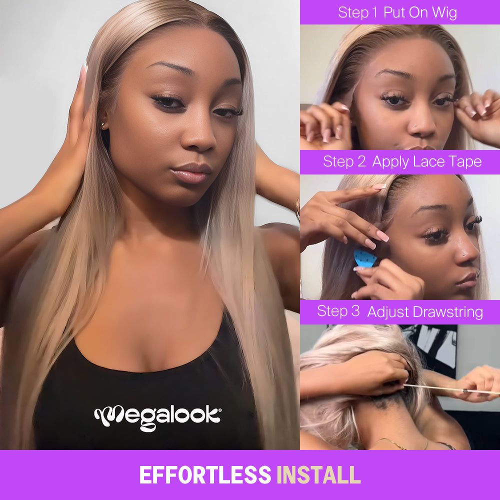Megalook 13x6 Three-Go™ Ash Blonde Ombre Glueless Wigs Silky Straight With Drawstring 100% Human Hair Wig