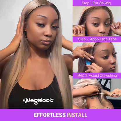 Megalook 13x6 Three-Go™ Ash Blonde Ombre Glueless Wigs Silky Straight With Drawstring 100% Human Hair Wig